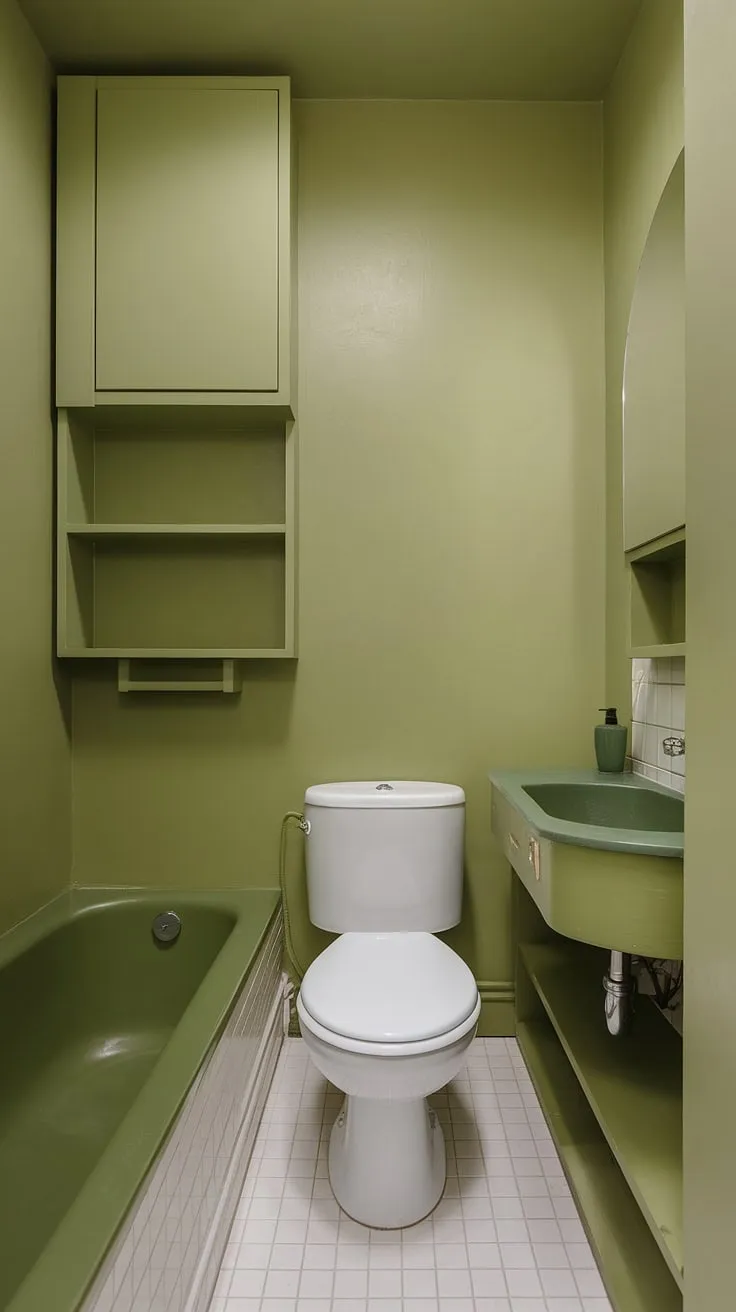 Bathed in soft light, this small green bathroom showcases a serene olive and white bathroom design. The muted bathroom colors create a calming atmosphere, with the light olive walls complementing the green bathtub and countertop. Clever green bathroom decor, including a coordinating cabinet and shelf, maximizes space. This is a perfect example of small green bathroom ideas for a stylish and functional space. The olive and cream bathroom palette feels both modern and inviting.