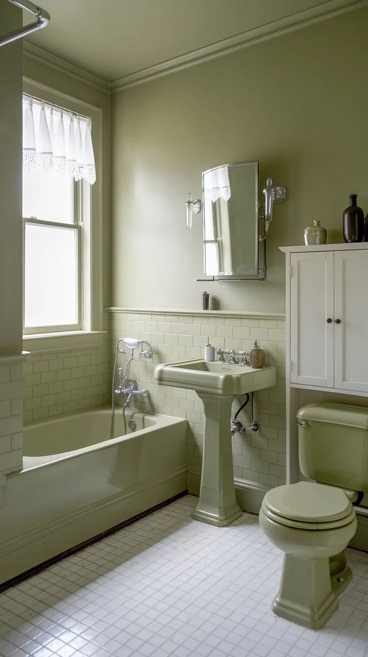 This small green bathroom boasts a delightful olive and white bathroom design. The light olive bathroom walls and pedestal sink create a calming, light green bathroom ambiance. Simple yet elegant, this olive and cream bathroom showcases how muted bathroom colors can transform a small space. Explore these small green bathroom ideas for inspiration in your own green bathroom decor.