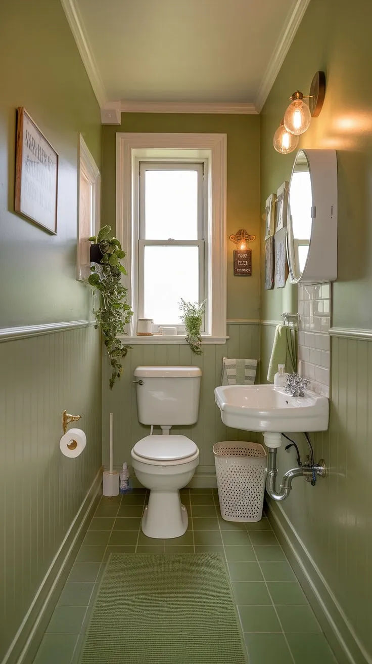 Bathed in warm light, this small green bathroom showcases the charm of muted bathroom colors. Light olive walls and white fixtures create a serene olive and white bathroom, complemented by green tile flooring and a pop of greenery near the window. This olive and cream bathroom demonstrates clever small green bathroom ideas, with thoughtful green bathroom decor like a simple rug and white hamper adding personality.