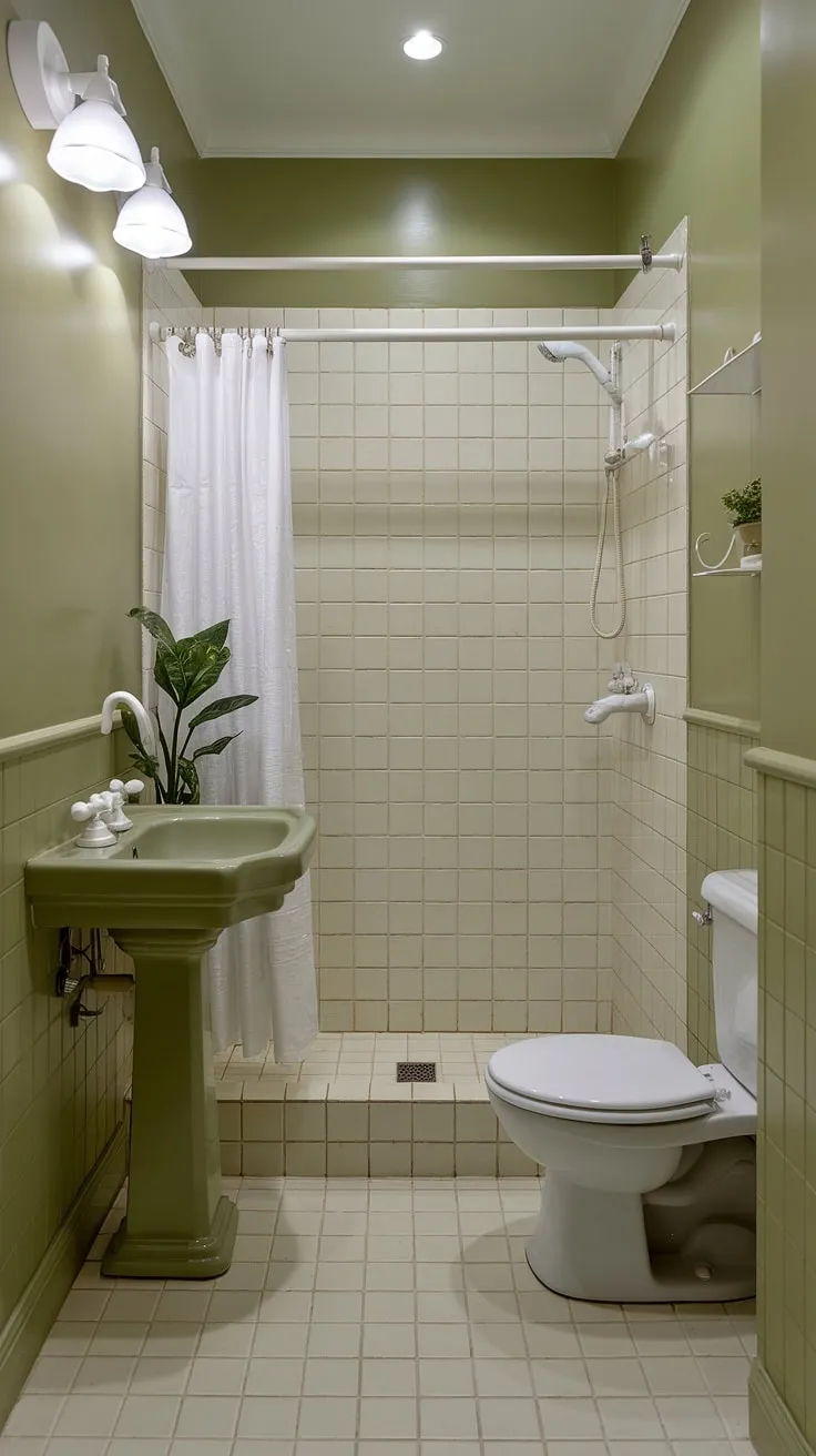 This small green bathroom boasts a serene atmosphere with its light olive walls and muted bathroom colors. The olive and white bathroom scheme is complemented by cream tiled floors and crisp white fixtures, creating a clean and calming space. Small green bathroom ideas like adding a touch of greenery near the pedestal sink enhance the overall design. The olive and cream bathroom palette is perfectly balanced, showcasing a light green bathroom aesthetic that’s both stylish and practical.