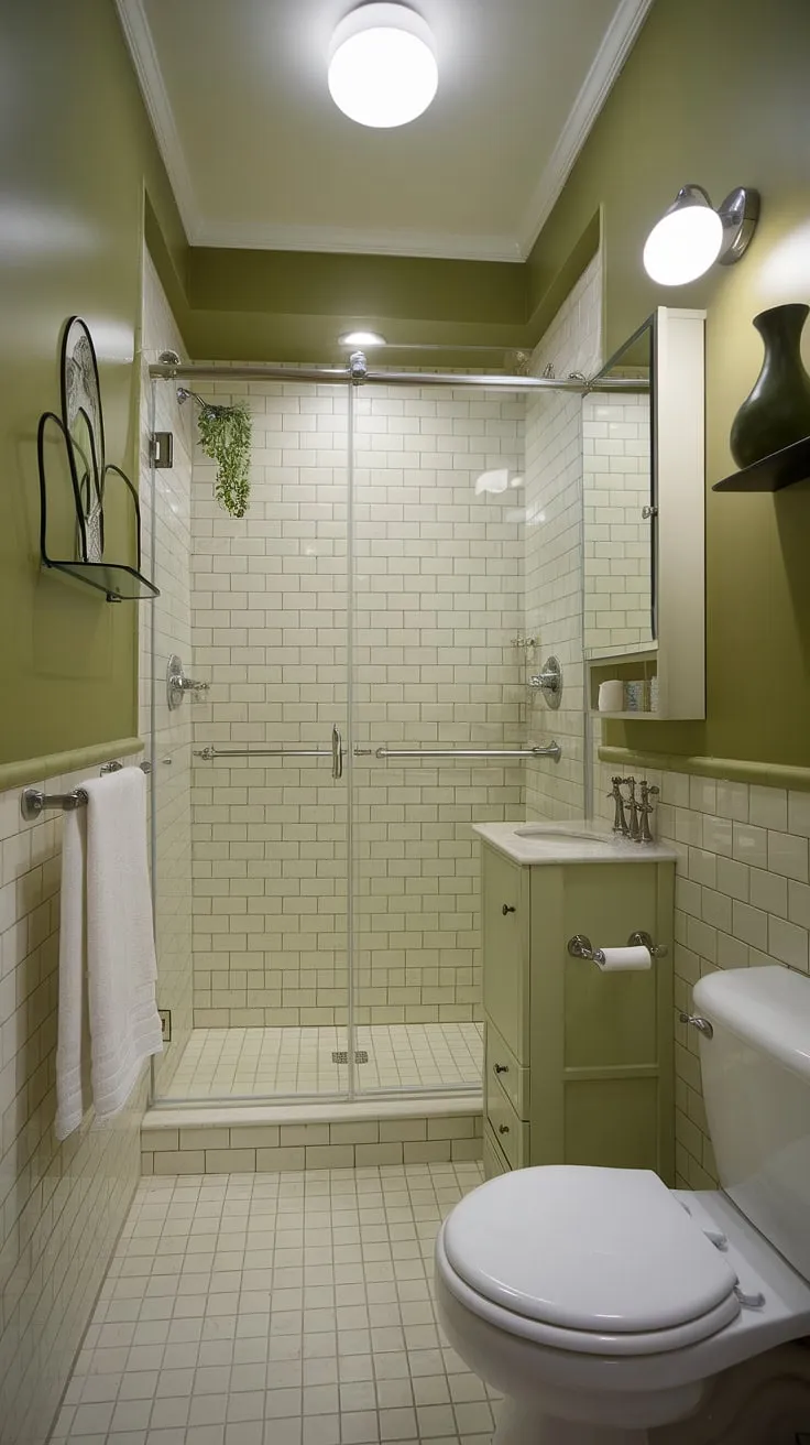A light green bathroom, bathed in natural light, showcases a light olive bathroom design. The olive and cream bathroom palette creates a feeling of spaciousness despite the compact footprint. Simple green bathroom decor and a white cabinet with mirror add functionality and style to this charming space. This is a perfect example of how to maximize a small space with muted bathroom colors.