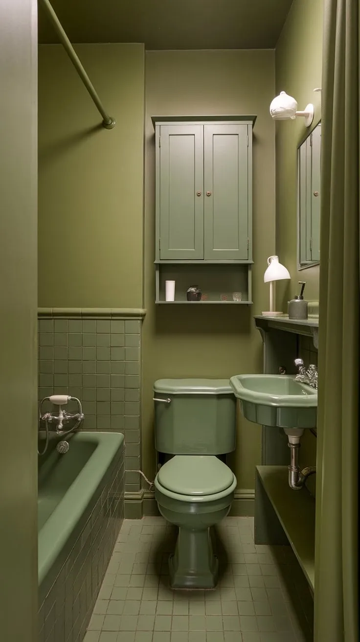 Serenity found in this small green bathroom. Muted tones and olive and white accents create a calming, light olive bathroom oasis. Perfect small green bathroom ideas for a spa-like retreat.