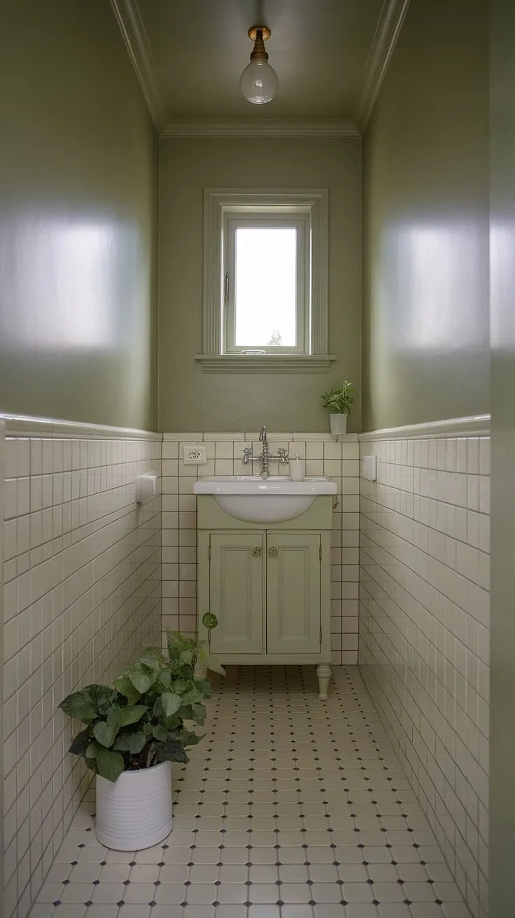 This small green bathroom is a testament to the power of muted bathroom colors. The light olive bathroom walls create a tranquil backdrop for the crisp white vanity and sink, while the olive and white bathroom scheme is further enhanced by a cream and white tiled floor. A single plant adds a touch of life to this charming space, offering inspiration for small green bathroom ideas. The light green bathroom feels airy and bright, showcasing the effectiveness of green bathroom decor in a compact setting.