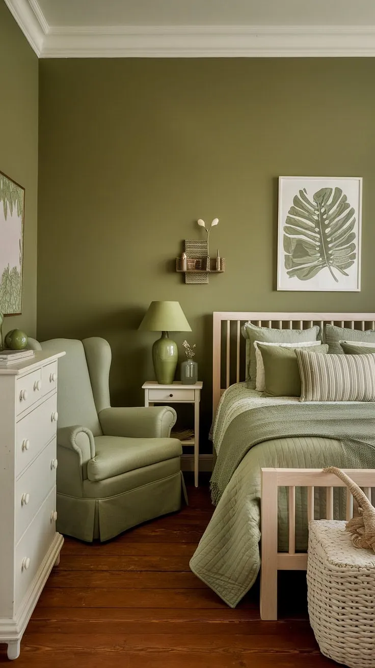 Escape to tranquility in this cozy sage green bedroom. The olive green theme creates a serene earth-toned bedroom, perfect for an olive green farmhouse bedroom or olive green apartment aesthetic. Olive green and white bedroom ideas shine in this olive and wood bedroom, showcasing a green accent color bedroom.