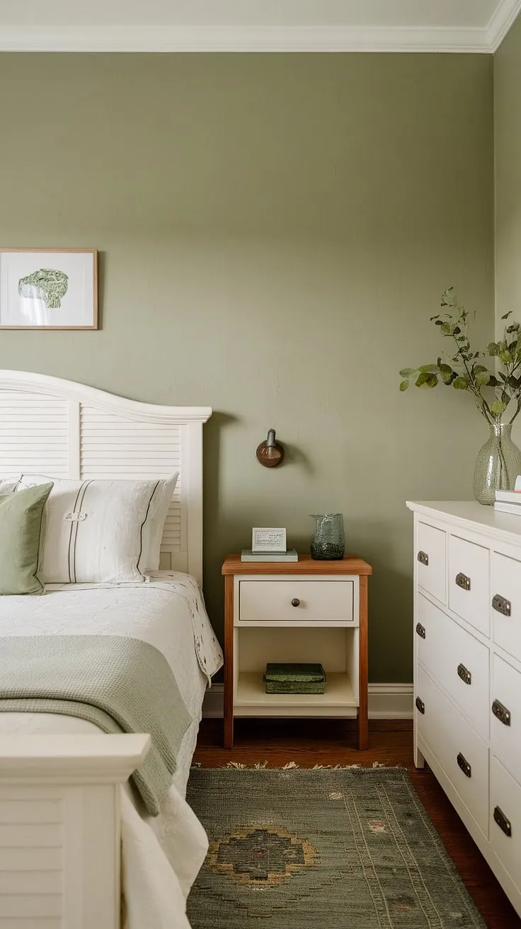 This olive green guest room is the epitome of calm. The olive green theme bedroom, featuring a green bedroom design with white furniture, offers a cozy sage green bedroom feel. Explore earth-toned bedroom inspiration with this olive green and white bedroom ideas showcase, blending olive and wood bedroom elements for an olive green apartment aesthetic and olive green farmhouse bedroom charm.