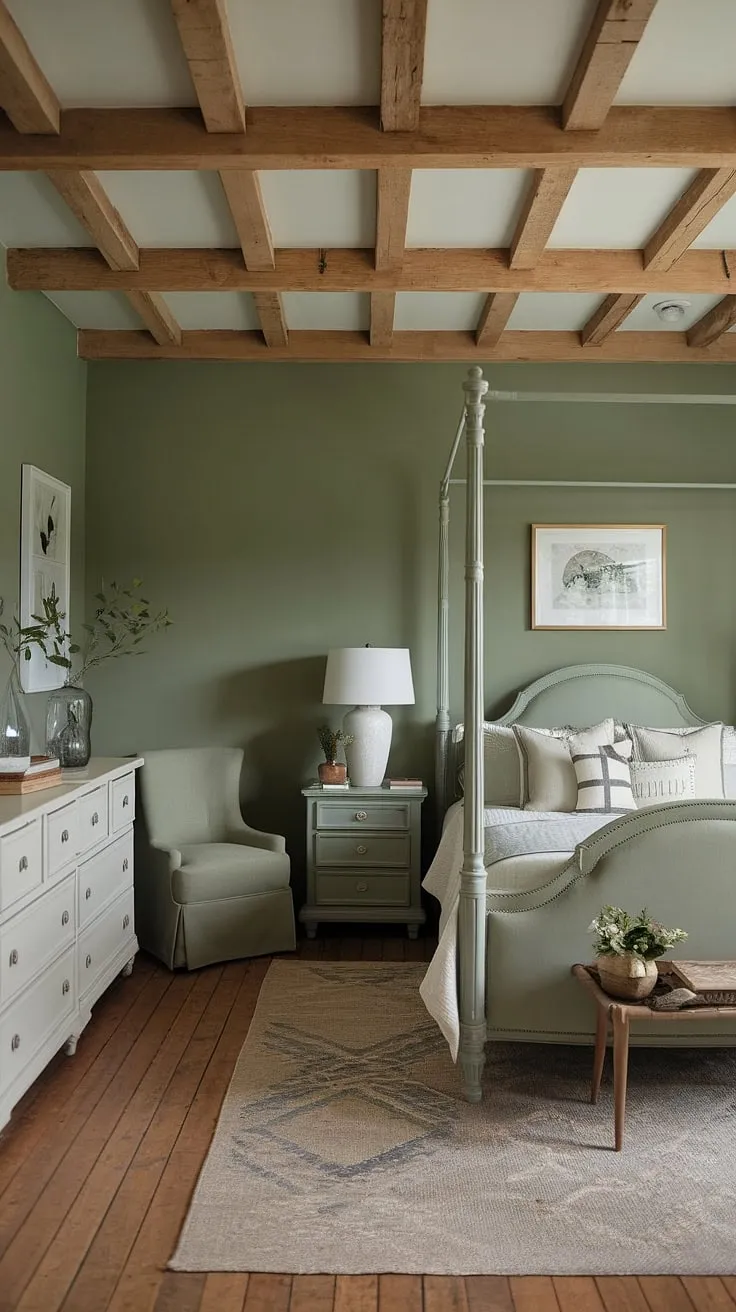 This olive green apartment aesthetic is achieved in this inviting and cozy sage green bedroom. The olive green theme bedroom features a white bed and dresser, creating a balanced olive green and white bedroom. The warm wood floors and exposed beams add to the earth toned bedroom feel, while the green chair provides a pop of color. The overall design is a perfect example of an olive green farmhouse bedroom, showcasing simple elegance and comfort.