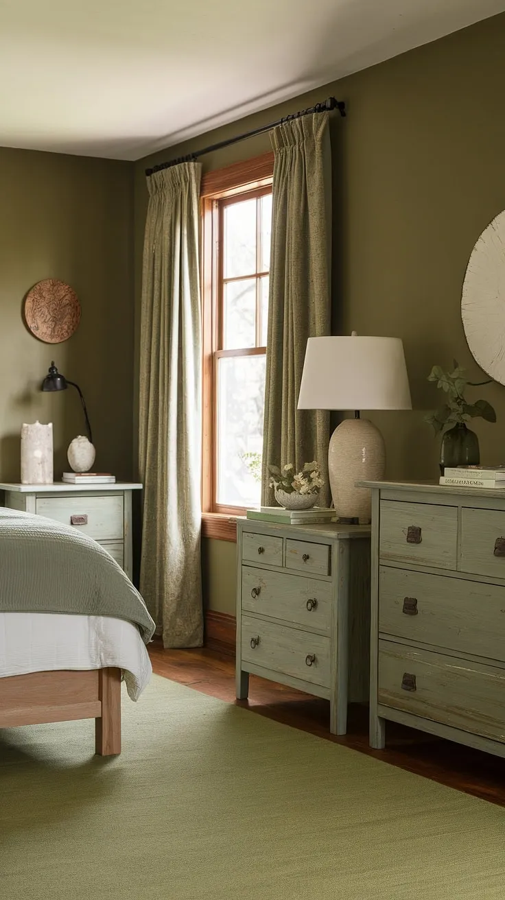 This olive green theme bedroom is the epitome of cozy comfort. The olive green walls create a serene backdrop for the wood furniture and green rug, resulting in a stunning earth-toned bedroom. The green accent color bedroom is perfectly balanced with white accents, offering a fresh take on the olive green farmhouse bedroom style. Find inspiration for your own olive green and white bedroom ideas in this tranquil and inviting space.