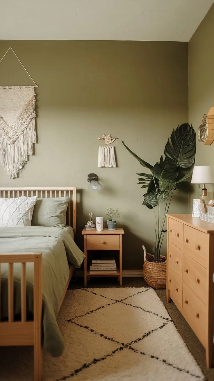This olive green and white bedroom offers a serene escape. The calming sage green walls and olive green theme bedroom create a cozy and inviting space. The olive and wood bedroom furniture, including a rustic wooden bed frame and dresser, adds to the earth-toned bedroom's charm. A simple white rug and carefully chosen accessories complete this olive green farmhouse bedroom, showcasing stylish olive green guest room ideas. The green accent color bedroom is perfectly balanced with the soft lighting, creating a truly cozy sage green bedroom.