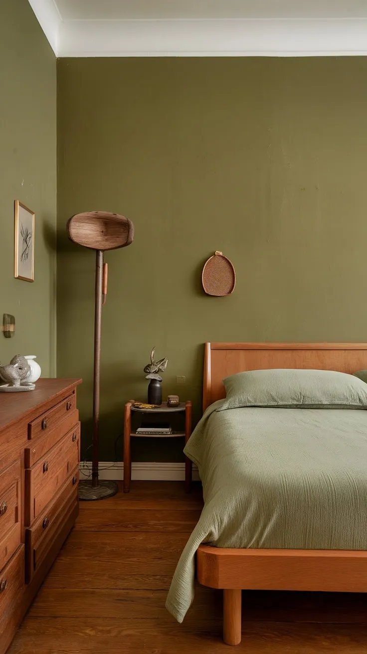 This cozy sage green bedroom, with its olive green walls and wood accents, embodies the perfect olive green farmhouse bedroom aesthetic. The olive green theme bedroom is further enhanced by the wooden bed frame, dresser, and nightstand, creating a warm and inviting earth toned bedroom. The large floor lamp adds to the olive green apartment aesthetic, while the beige mattress provides a calming contrast. This olive and wood bedroom offers inspiration for olive green and white bedroom ideas, showcasing how a green accent color bedroom can transform a space.