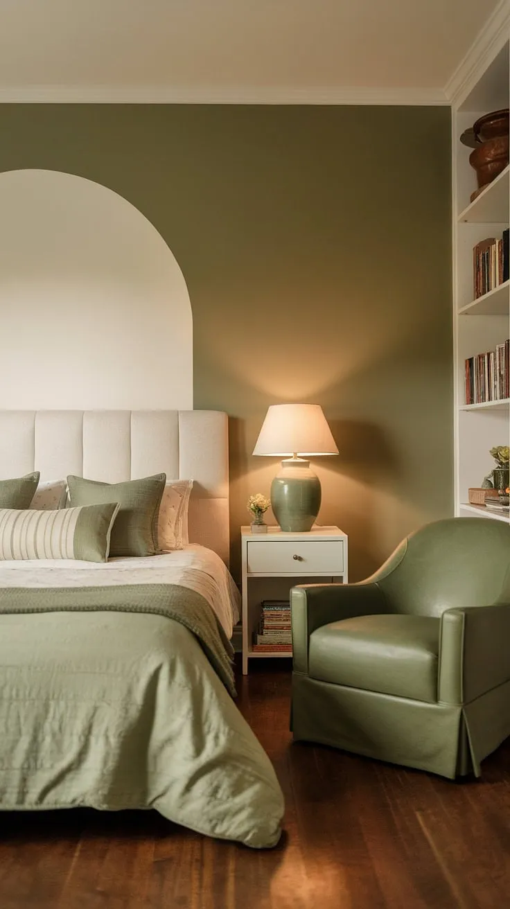 Escape to this olive green guest room, where an olive and wood bedroom design meets a cozy sage green bedroom. Explore olive green and white bedroom ideas in this tranquil olive green apartment aesthetic.