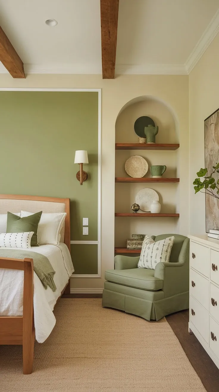 Escape to this olive and wood bedroom; a serene green bedroom with an olive green apartment aesthetic. Find inspiration for your own olive green and white bedroom ideas in this cozy space with a green accent color bedroom.