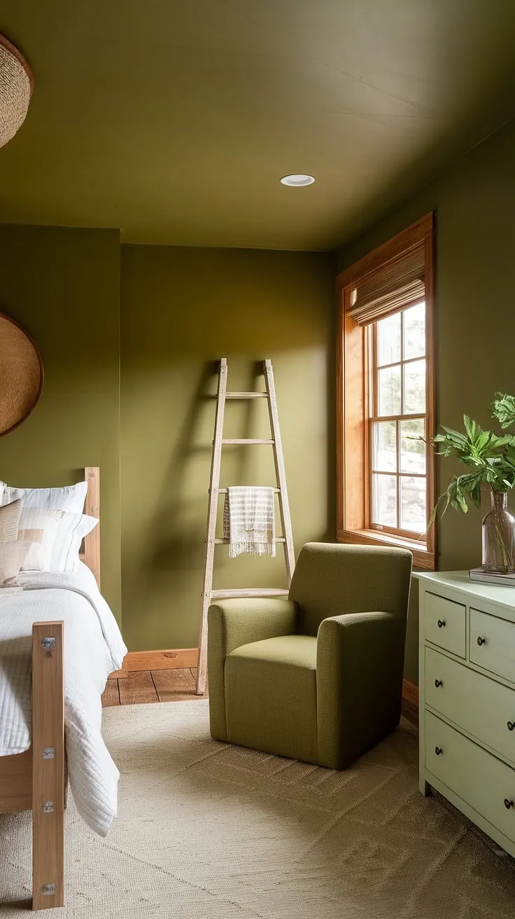 This olive green farmhouse bedroom is the epitome of rustic charm and cozy comfort. The olive green theme bedroom, with its olive green walls and ceiling, creates a soothing earth-toned bedroom. The olive green and white bedroom ideas are beautifully executed with a white bed and dresser, complemented by a green accent color bedroom chair and wooden ladder. The overall olive and wood bedroom design offers a serene and inviting olive green apartment aesthetic.