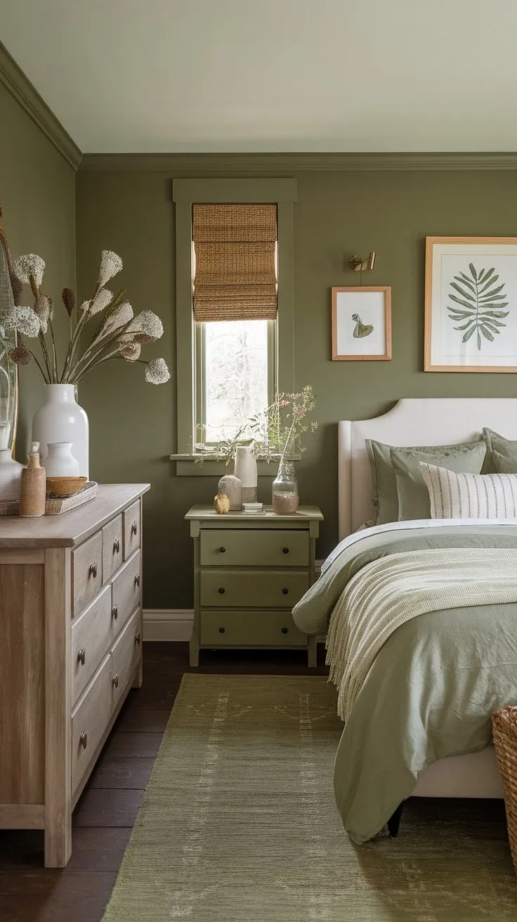 This olive green farmhouse bedroom is the epitome of cozy. The olive green theme bedroom is achieved through a thoughtful use of sage green walls, bedding, and furniture, creating a serene olive green and white bedroom. The earth-toned bedroom is further enhanced by the wood dresser and white accents, resulting in a stunning olive green apartment aesthetic. This olive green guest room is a masterclass in creating a calming and stylish space with simple olive green and white bedroom ideas.