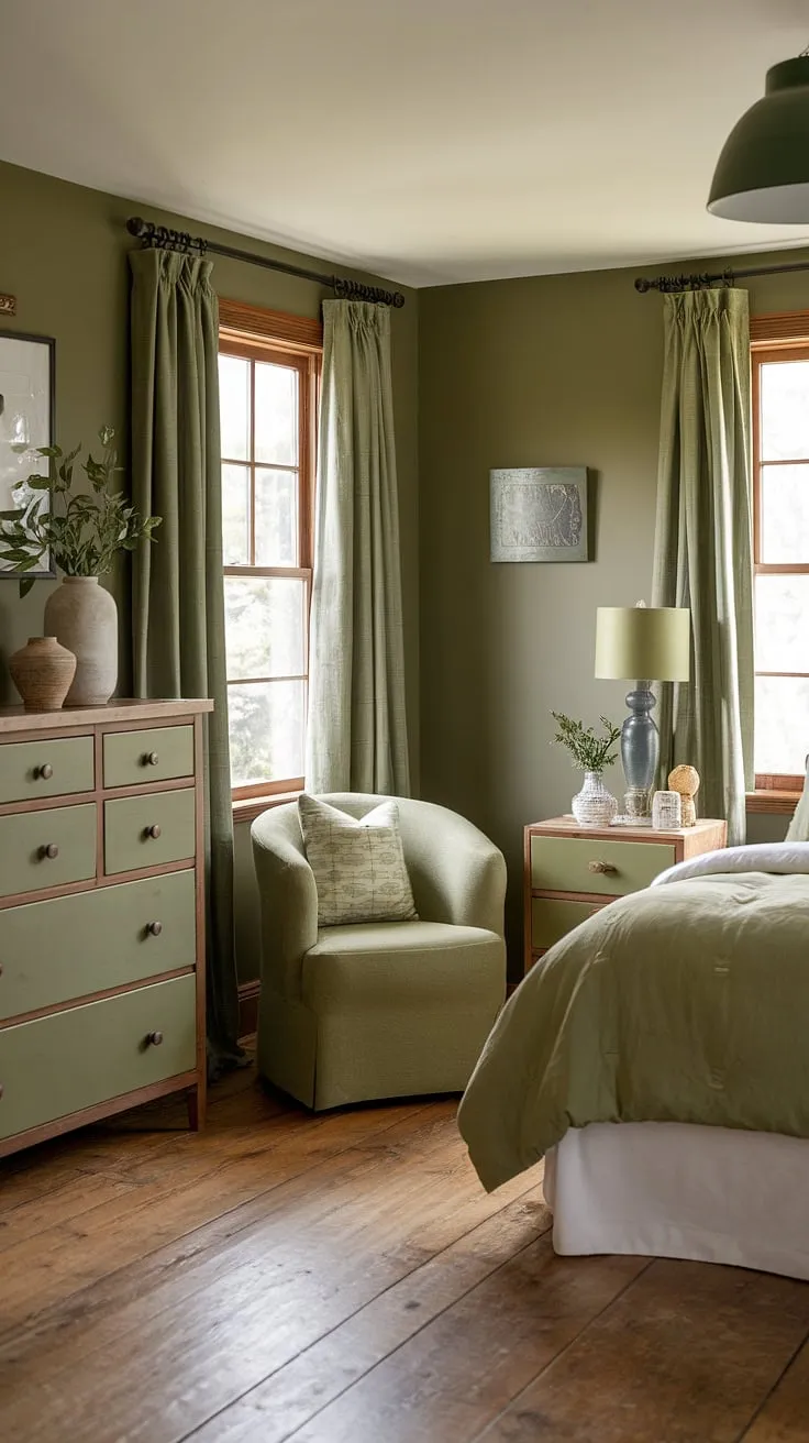 Escape to this cozy sage green bedroom, where an olive green theme creates a tranquil olive green farmhouse bedroom retreat. The olive and wood bedroom design offers a perfect blend of earth-toned bedroom comfort and style.