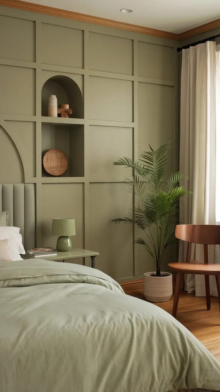 Escape to this cozy sage green bedroom, where an olive green theme meets farmhouse charm. The olive green and white bedroom ideas create a serene earth-toned bedroom, perfect for guests or a peaceful retreat.