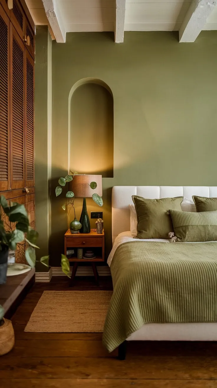 An olive green theme reigns in this inviting olive green farmhouse bedroom. The green accent color bedroom and olive green apartment aesthetic create a perfect blend of cozy and chic in this earth-toned bedroom.