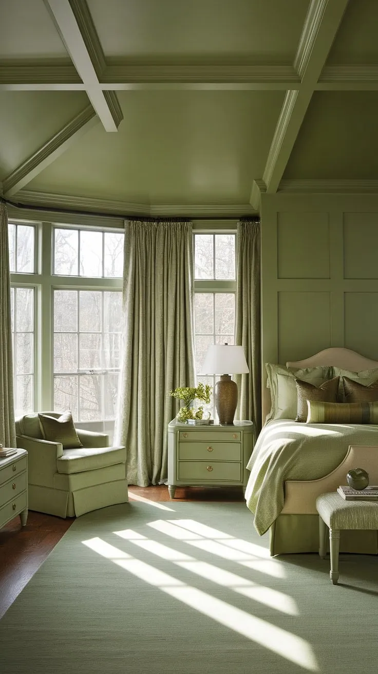 Escape to tranquility in this cozy sage green bedroom, a perfect blend of olive green theme and earth-toned serenity. The olive green guest room's high ceilings and natural light create an inviting olive green apartment aesthetic.