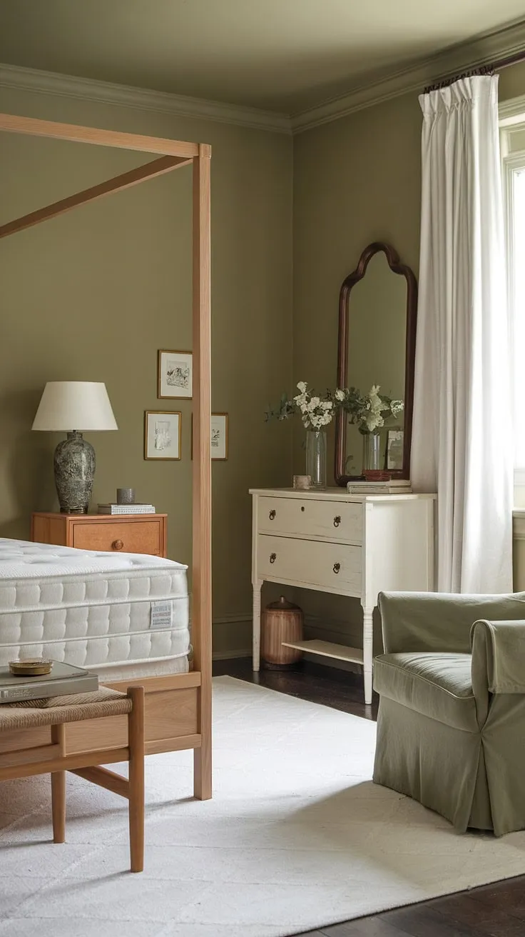 This cozy sage green bedroom, styled with an olive green theme, creates a serene and inviting atmosphere. The olive green walls, paired with the olive and wood bedroom furniture, including a wooden bed frame and nightstand, embody a perfect olive green farmhouse bedroom aesthetic. The white accents, such as the mattress, dresser, and rug, brighten the space, while the green armchair adds a pop of color. This earth-toned bedroom is a beautiful example of olive green and white bedroom ideas, showcasing a calming olive green apartment aesthetic.