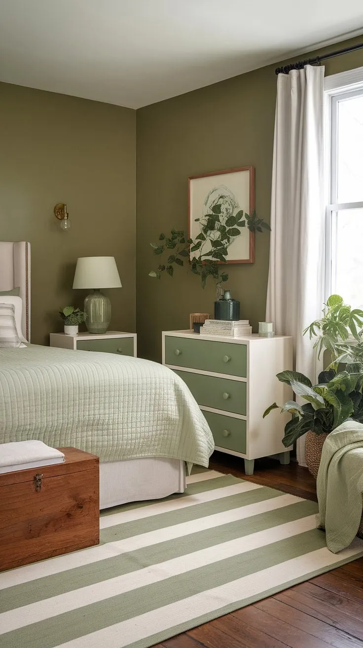 Escape to this tranquil olive green farmhouse bedroom. The soft olive green walls and white accents create a calming earth-toned bedroom. This olive green theme bedroom showcases clever olive green and white bedroom ideas, from the striped rug to the green dresser drawers. The green accent color bedroom is further enhanced by the sage green bedding and a touch of greenery, resulting in a cozy sage green bedroom with a charming olive green apartment aesthetic. The olive and wood bedroom elements add warmth and texture.