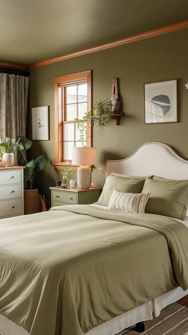 Escape to tranquility in this cozy sage green bedroom, a perfect blend of olive green theme and earth-toned serenity. The olive green guest room's olive and wood bedroom aesthetic creates a calming olive green farmhouse bedroom retreat.