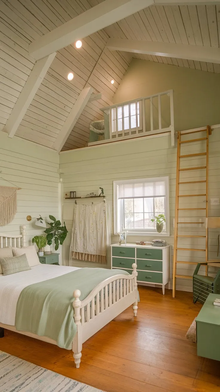 This earth-toned bedroom is a study in serene style. The olive green theme bedroom features a queen-size bed with a white wooden frame and a soft green blanket, creating a cozy sage green bedroom. Green accent color bedroom details, like the green drawers on the white dresser and a coordinating green chair, complement the olive and wood bedroom's natural palette. A wooden ladder ascends to a loft with a window, adding architectural interest to this olive green and white bedroom ideas space. The overall olive green apartment aesthetic is both inviting and sophisticated, making it the perfect olive green guest room.