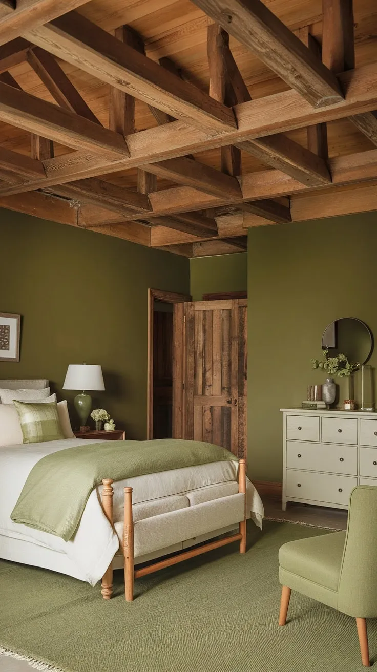This cozy sage green bedroom, with its olive green theme and rustic wooden beams, perfectly embodies an olive green farmhouse bedroom aesthetic. The olive green and white bedroom ideas are brought to life with the white bed and dresser, creating a calming earth-toned bedroom. A green accent color bedroom is achieved through the chair and rug, completing this olive green guest room's inviting atmosphere. The olive and wood bedroom design is a testament to simple elegance.