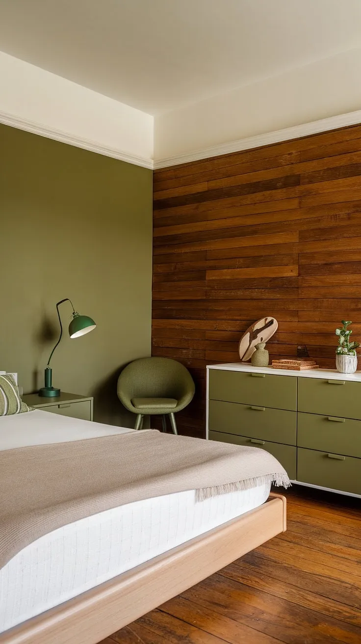 Escape to this cozy sage green bedroom, a perfect blend of olive green and white bedroom ideas creating an olive green apartment aesthetic. The olive green theme bedroom, with its olive and wood bedroom accents, offers a tranquil earth toned bedroom retreat.