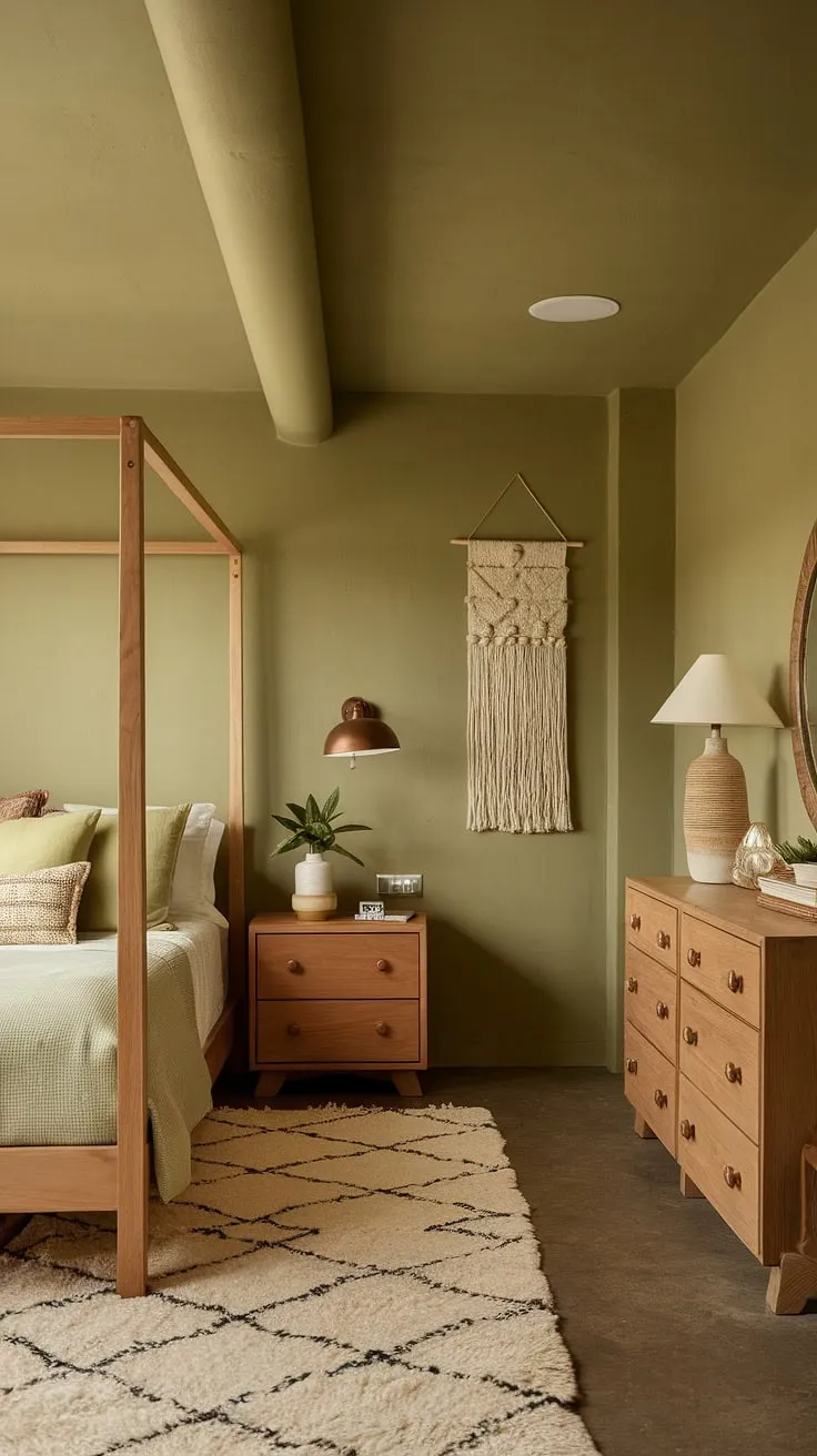 Escape to tranquility in this cozy sage green bedroom. The olive green guest room, with its earth-toned elements and olive green theme bedroom design, creates a serene atmosphere. The olive and wood bedroom furniture complements the olive green apartment aesthetic perfectly, while the white rug adds a touch of brightness. This olive green farmhouse bedroom showcases olive green and white bedroom ideas for a calming and inviting space, featuring a green accent color bedroom that's both stylish and restful.