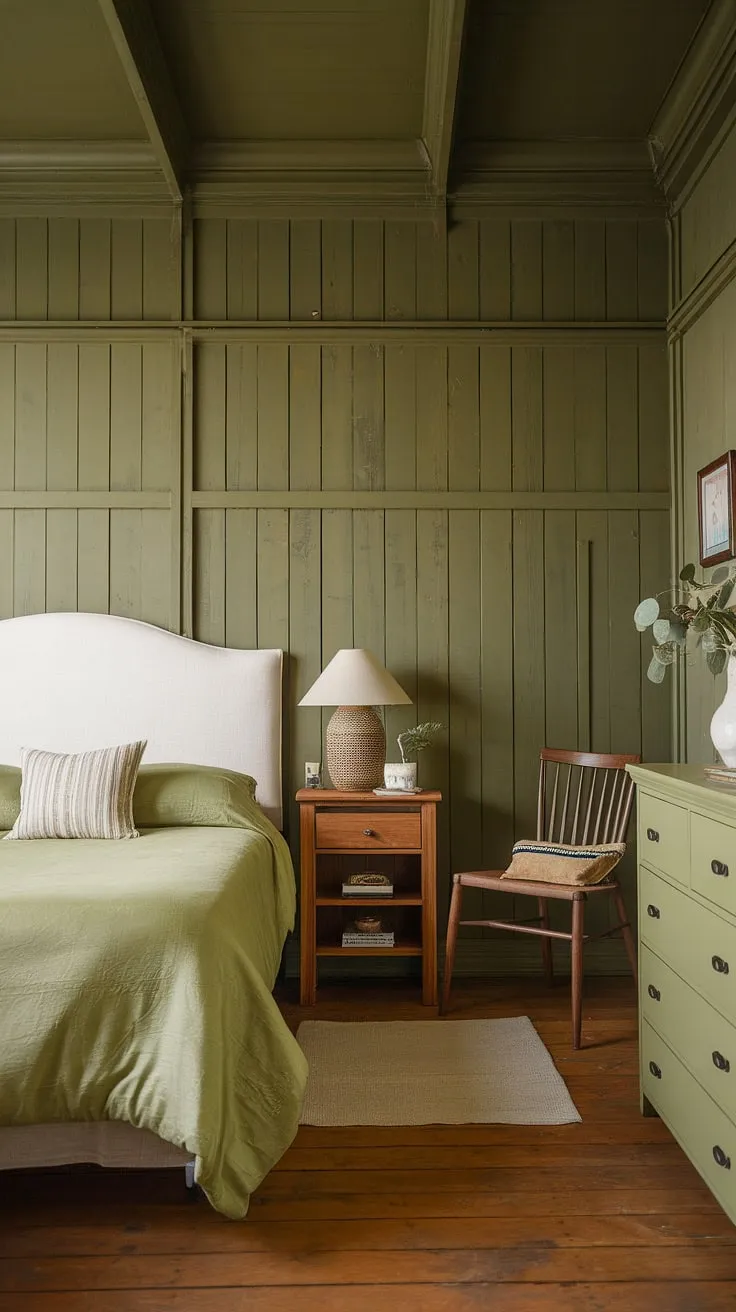 Escape to tranquility in this cozy sage green bedroom, a perfect blend of olive green and white bedroom ideas. The olive green theme bedroom creates an earth toned bedroom with an olive green apartment aesthetic.