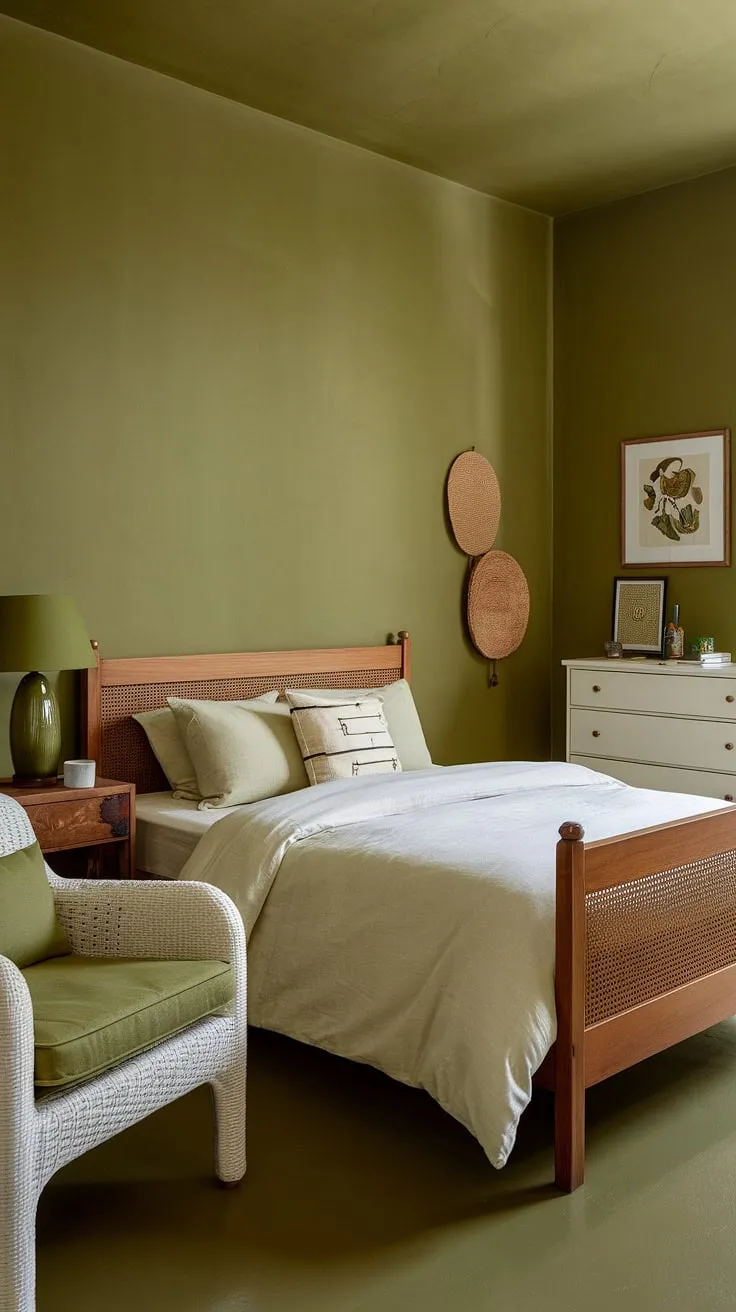 Escape to tranquility in this cozy sage green bedroom, where an olive green theme creates a serene earth-toned bedroom haven. The olive green and white bedroom ideas blend seamlessly with the olive green farmhouse bedroom aesthetic.