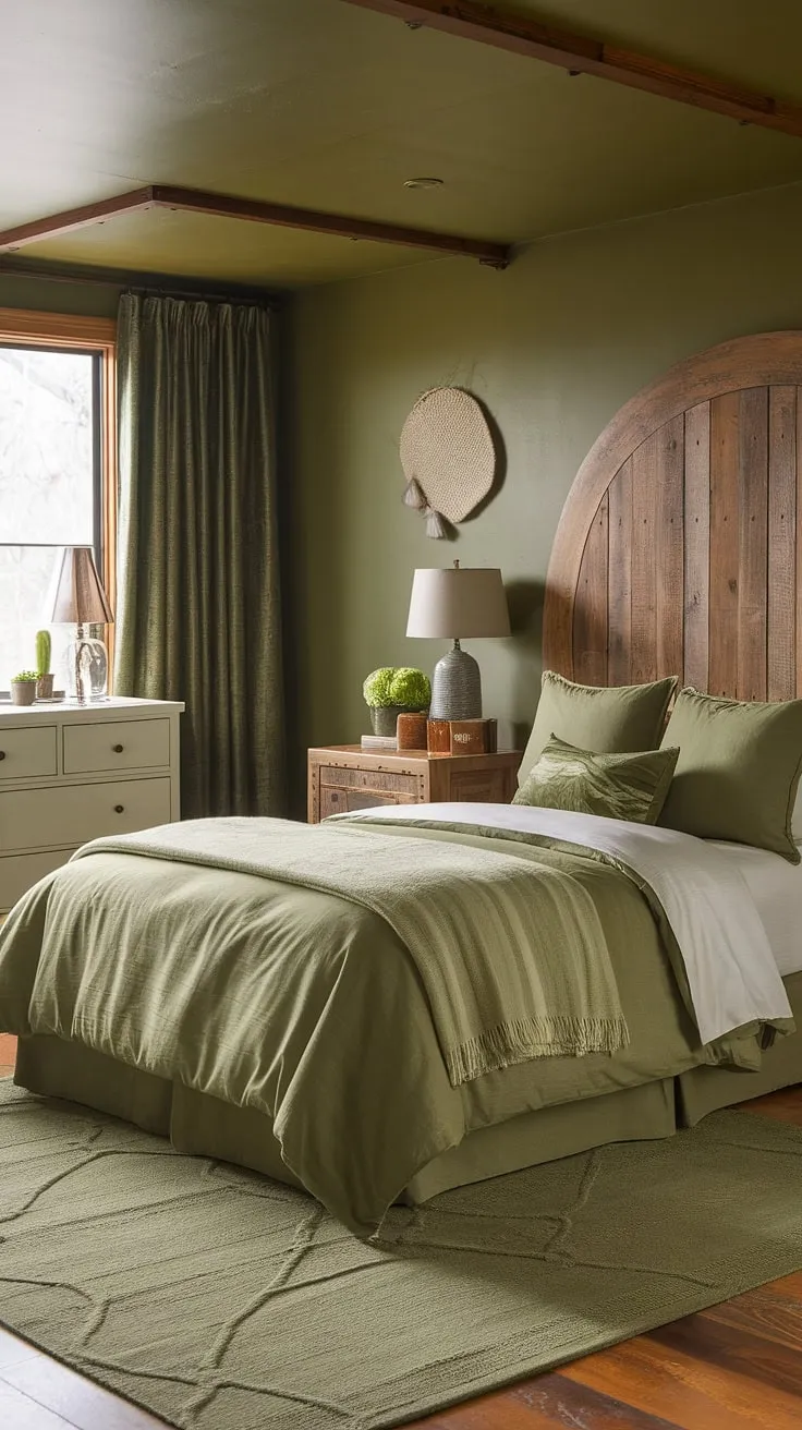 This olive green theme bedroom is a haven of tranquility. The olive green guest room boasts a calming palette of sage green and olive, creating a truly earth-toned bedroom. The rustic wooden headboard and nightstand, paired with a white dresser, perfectly embody the olive and wood bedroom style. The cozy sage green bedroom is completed with a plush olive green rug and subtle green accent color bedroom touches, offering a sophisticated olive green farmhouse bedroom design and plenty of olive green and white bedroom ideas.