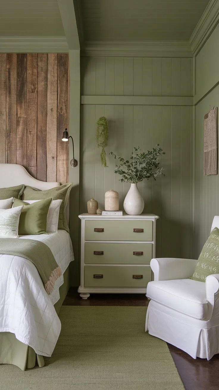 This cozy sage green bedroom boasts an olive green theme throughout, creating a serene and inviting olive green farmhouse bedroom. The olive green and white bedroom ideas are perfectly executed with the wood-paneled accent wall complementing the earth-toned bedroom palette. The white furniture, including the dresser with green drawers and the comfortable chair, provides a bright contrast against the calming olive green guest room aesthetic. The green accent color bedroom is further enhanced by the plush green rug, completing this olive and wood bedroom haven.