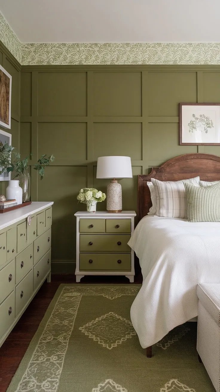 Escape to this cozy sage green bedroom, a perfect blend of olive green farmhouse charm and earth-toned tranquility. The olive green theme bedroom offers a serene retreat, showcasing olive green and white bedroom ideas with an olive green apartment aesthetic.
