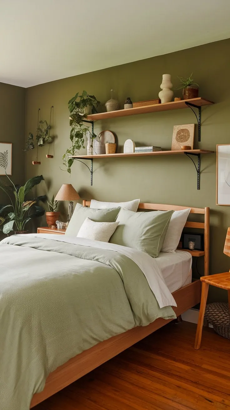 Escape to tranquility in this cozy sage green bedroom, where olive green walls and wood accents create an inviting earth-toned bedroom haven. Olive green and white bedroom ideas come to life in this olive green guest room, showcasing the perfect olive green apartment aesthetic.
