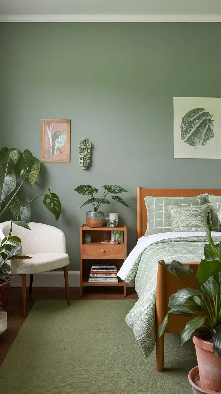 Escape to tranquility in this cozy sage green bedroom, a perfect blend of olive green and wood. The olive green theme creates a serene earth-toned bedroom, showcasing olive green and white bedroom ideas for an olive green apartment aesthetic.