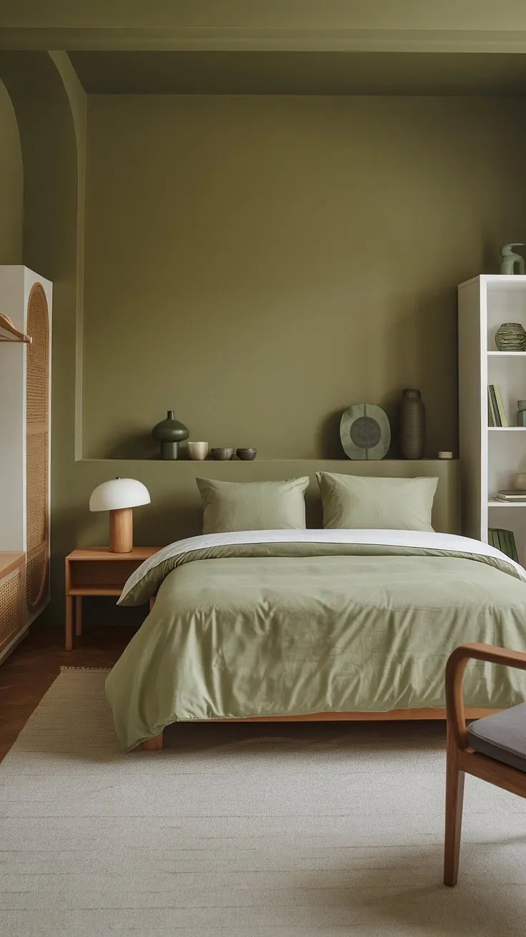 Escape to this tranquil olive green farmhouse bedroom, a haven of calm in an olive green theme bedroom. The sage green walls and olive green accents create a sophisticated earth-toned bedroom, while the white duvet and rug add a touch of airy lightness. The olive and wood bedroom furniture, including the wooden nightstand and chair, brings a rustic warmth. This olive green apartment aesthetic is perfectly realized in this cozy sage green bedroom, offering inspiration for olive green and white bedroom ideas and showcasing the power of a green accent color bedroom.