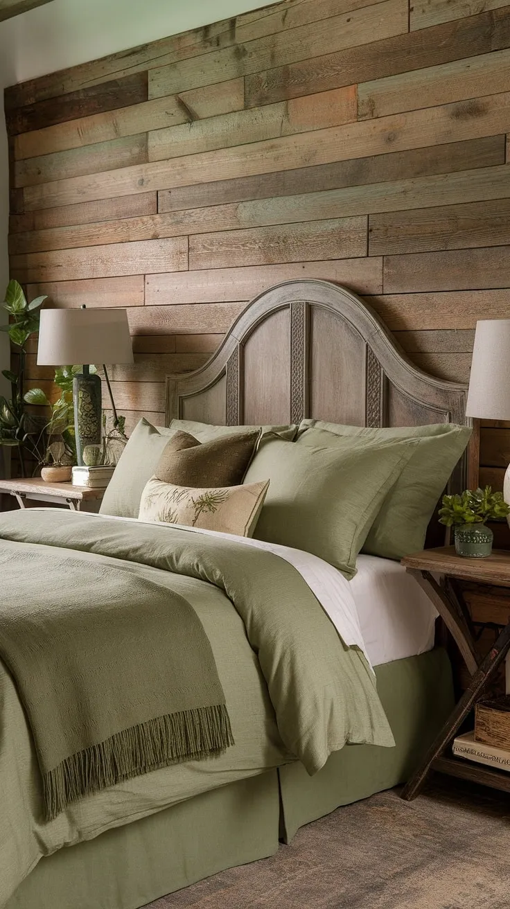 This olive green theme bedroom is the epitome of cozy comfort. The olive green apartment aesthetic is achieved through a thoughtful blend of sage green and olive green, creating an earth-toned bedroom that feels both rustic and refined. The vintage wooden headboard and wood plank wall add to the olive green farmhouse bedroom charm, while the green accent color bedroom details bring the space to life. This is the perfect example of olive green and white bedroom ideas for a relaxing and stylish guest room.
