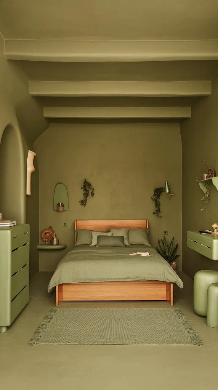 An olive green guest room brimming with charm. This olive green theme bedroom showcases the beauty of an olive green apartment aesthetic, blending olive green and white bedroom ideas for a calming and inviting space. The result? A cozy sage green bedroom perfect for relaxation.