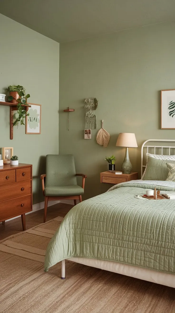 This cozy sage green bedroom, with its olive green theme, offers a tranquil escape. The olive green and white bedroom ideas are beautifully realized in the calming earth-toned bedroom, featuring a queen-sized bed with a green quilt, a wooden dresser, and a green accent color bedroom chair. The olive green farmhouse bedroom aesthetic is enhanced by the wood accents and personal touches, creating an inviting olive green guest room or a perfect olive green apartment aesthetic.