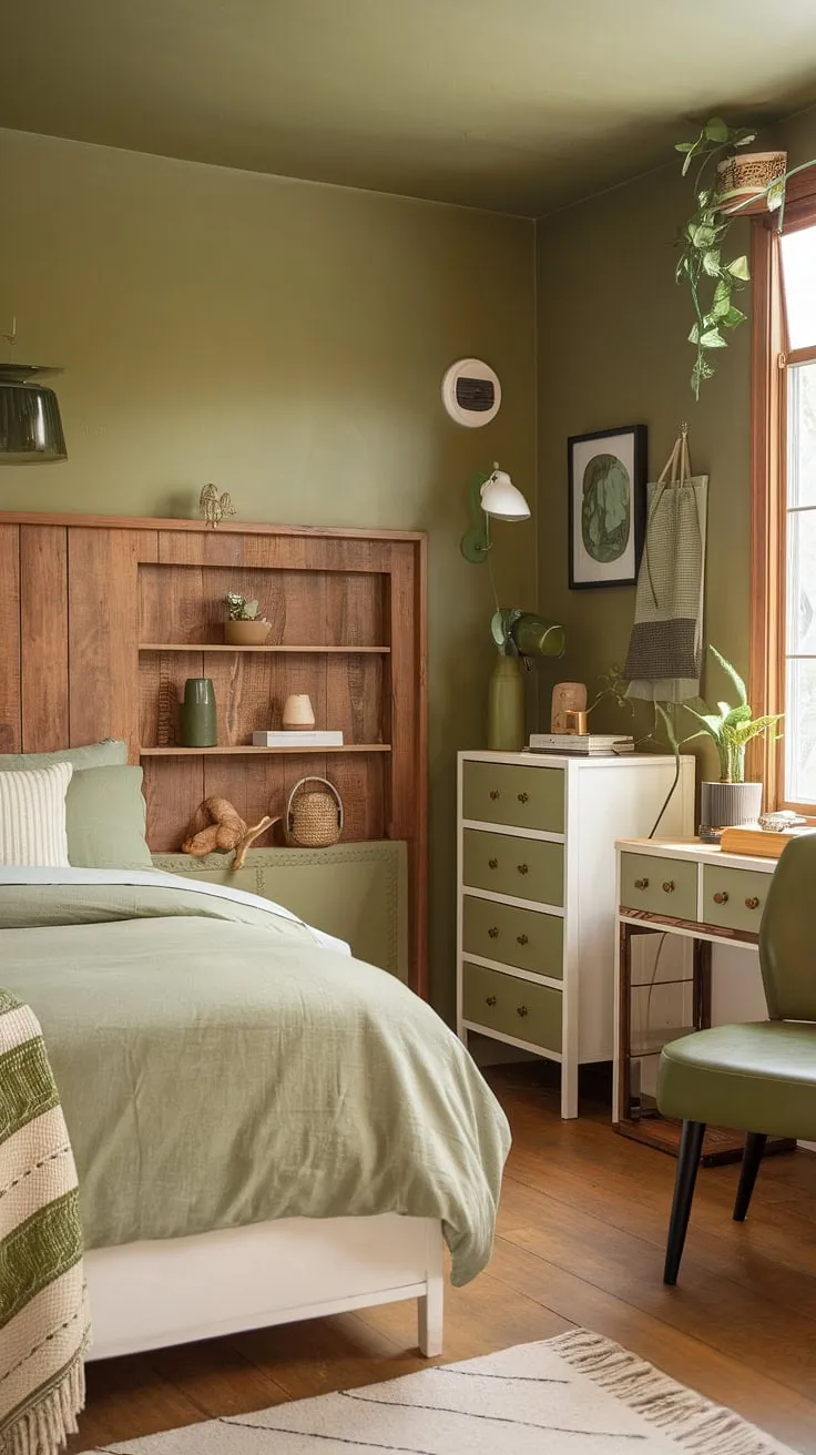 This olive green theme bedroom is the epitome of cozy comfort. The sage green walls create a serene backdrop for the white bed frame and olive green duvet, while the wood floors and wood-paneled headboard add warmth. The green chair by the window and the green dresser with white accents contribute to the olive green and white bedroom ideas, creating a sophisticated yet inviting olive green apartment aesthetic. This earth-toned bedroom, styled as a charming olive green farmhouse bedroom, demonstrates the versatility of an olive and wood bedroom design. The green accent color bedroom is a perfect example of a calming and stylish green bedroom.