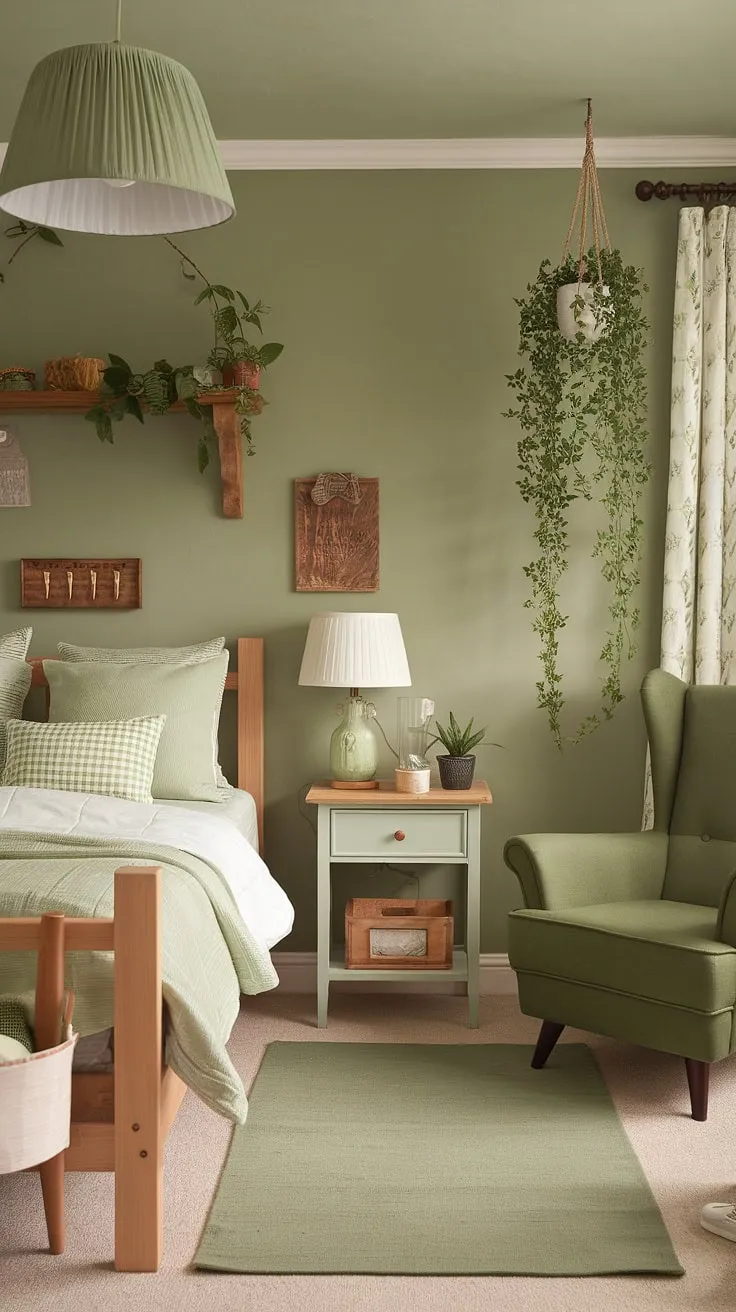 Escape to tranquility in this cozy sage green bedroom, a perfect blend of olive green farmhouse charm and earth-toned serenity. The olive green theme bedroom creates a calming olive green apartment aesthetic, showcasing olive green and white bedroom ideas with olive and wood bedroom accents.