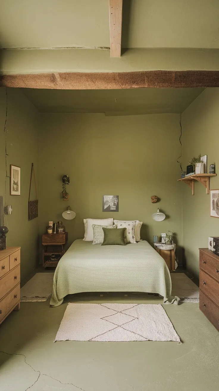 This cozy sage green bedroom, with its olive green theme and farmhouse aesthetic, offers a tranquil retreat. The olive green and white bedroom ideas are perfectly executed, creating an earth-toned bedroom with a calming olive green apartment aesthetic. Note the charming imperfections in the walls and floor, adding to the rustic charm of this olive green guest room. The olive and wood bedroom furniture complements the green accent color, while the queen-sized bed, dressed in crisp white linens, invites relaxation.