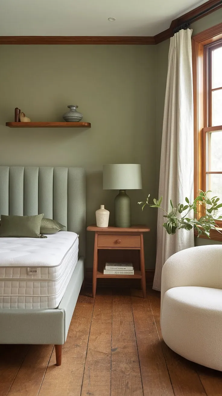 Escape to this cozy sage green bedroom, where olive green accents and warm wood create a serene olive green farmhouse bedroom retreat. The perfect olive green and white bedroom ideas for a calming earth toned bedroom.