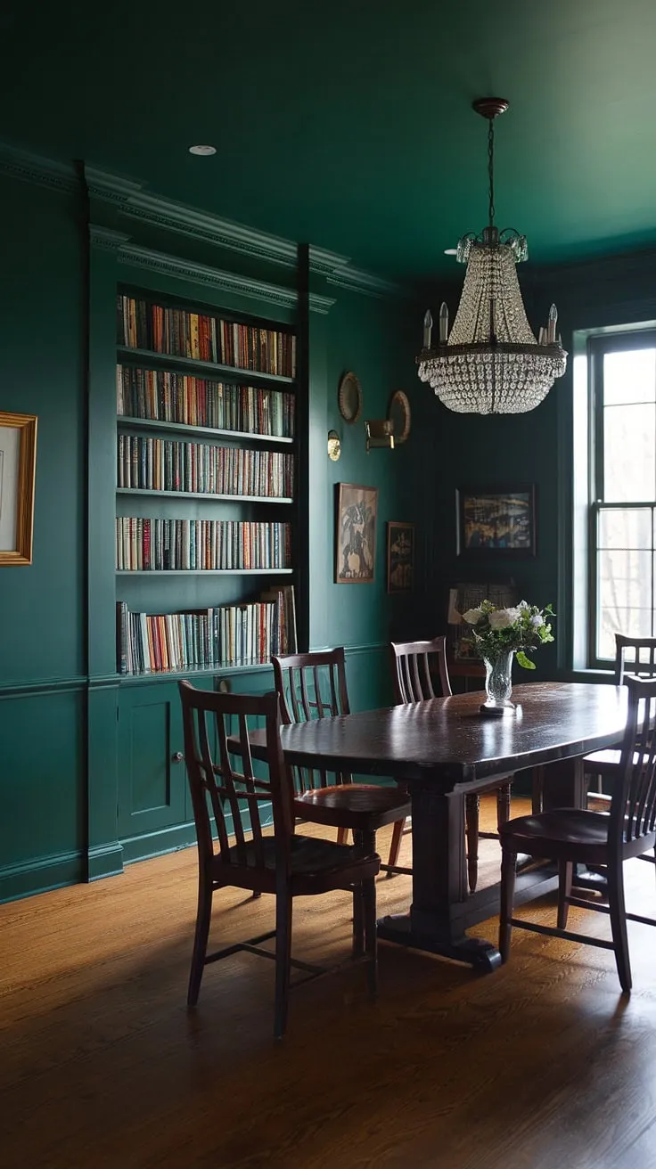 Indulge in the sophisticated allure of this moody green dining room, where emerald green walls and rich wood create a captivating atmosphere. The perfect blend of dark green interior design and green formal dining room elegance.