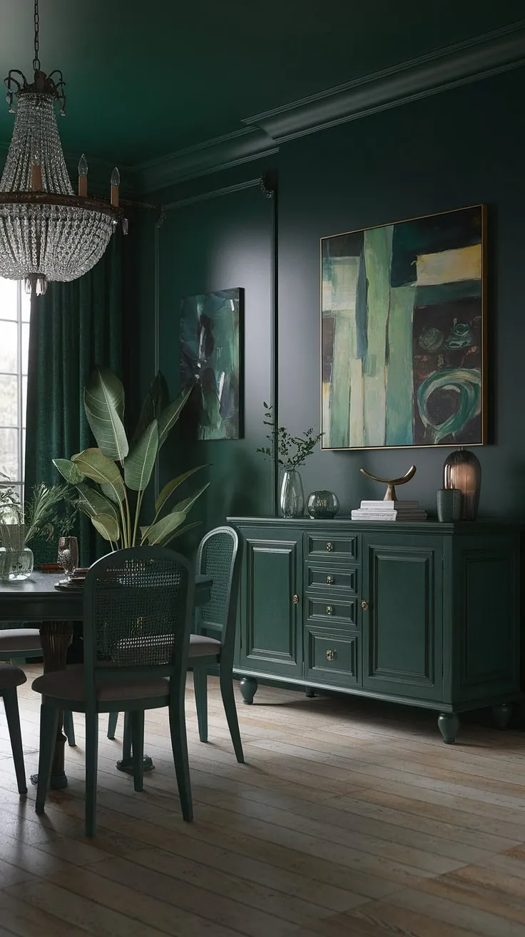 A green formal dining room redefined. The rich emerald green dining room walls and dark green interior design create a captivating space, perfect for intimate gatherings. This green dining room is a masterclass in interior design green.