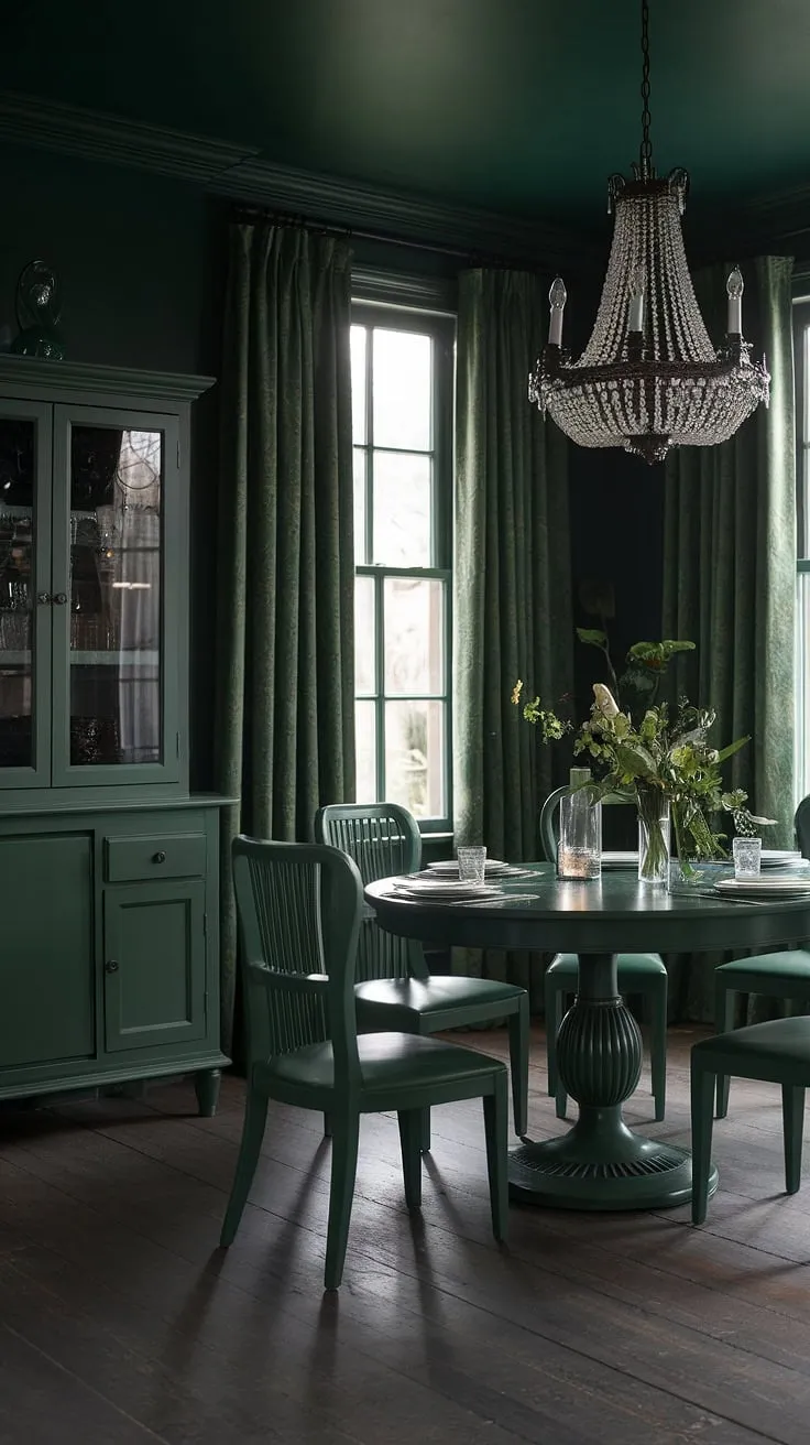 This moody green dining room is a testament to the power of a monochromatic palette. The dark green walls and green dining room furniture, including a formal dining table and coordinating chairs, create a dramatic and inviting space. The emerald green dining room's ambiance is further enhanced by the rich green curtains and a subtle green cabinet, all set against the warmth of the wood floor. This dark green interior design is a stunning example of interior design green.