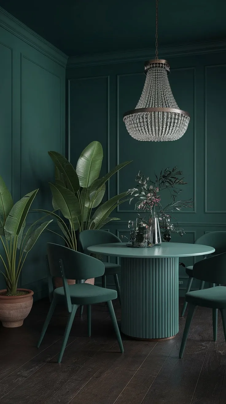 Bathed in the rich glow of a dramatic chandelier, this moody green dining room exudes sophistication. The emerald green dining room walls, paired with a lighter green dining table and dark green chairs, create a captivating contrast. Potted plants add life to this dark green interior design, while the dark wood floors ground the space, resulting in a stunning example of green formal dining room elegance and emerald green house interior design.