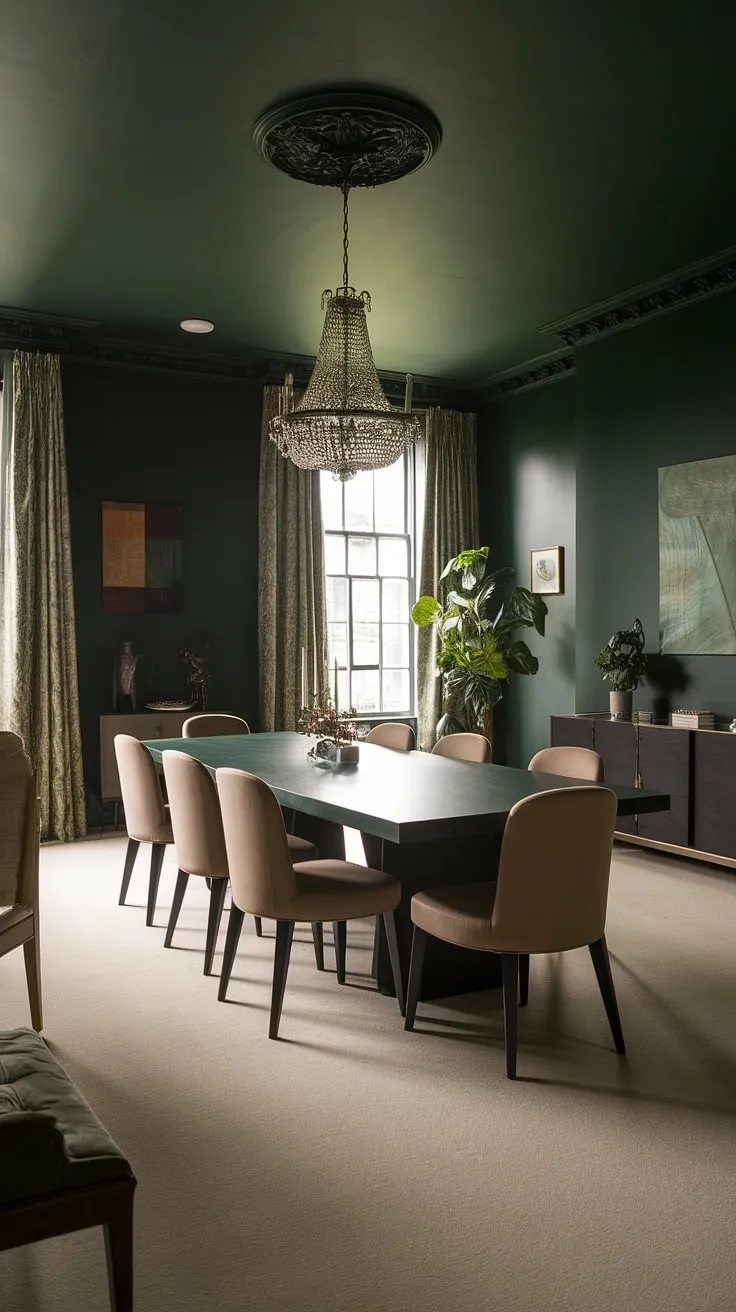 This emerald green house interior design features a stunning dark green dining room. The green dining room walls and rich green dining room furniture create a captivating, moody green dining room ambiance.