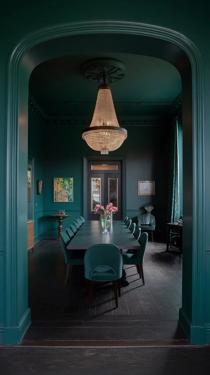 The deep, rich hues of this dark green dining room create a captivating space. The green dining room walls, a stunning shade of emerald green, are the focal point of this sophisticated interior design green scheme. Dark wood floors and dark green chairs complement the moody green dining room ambiance, while a statement chandelier adds a touch of grandeur. This is a perfect example of how to achieve a luxurious dark green interior design.