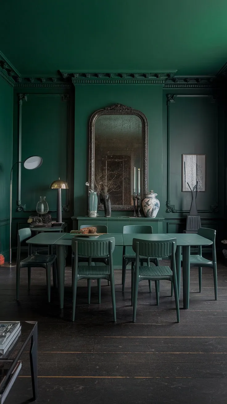 This dark green dining room is a study in moody elegance. The deep green dining room walls, a stunning example of interior design green, create a captivating atmosphere. A large dining table takes center stage, surrounded by chairs and illuminated by strategically placed floor lamps. The overall effect is a sophisticated and inviting green formal dining room, a testament to the power of dark green interior design.